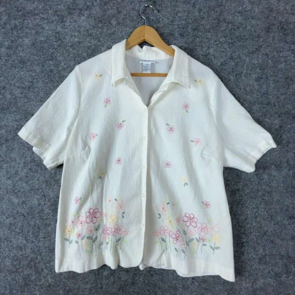 Alfred Dunner Shirt Women 20W White Embroidered Floral Cottagecore Picnic Garden